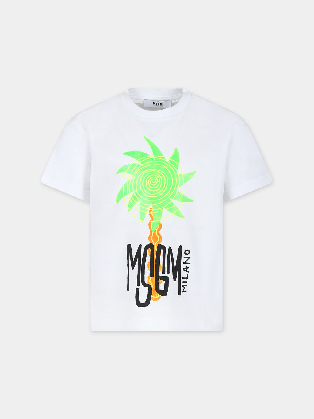 White t-shirt for boy with palm tree print and logo